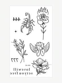 1 Pieza Adhesivos De Tatuajes Temporales Lavables, Material De Pvc, Material De Rosa De Fuego, Escorpión, Ángel Lindo Y Patrón De Frase En Inglés, A Prueba De Agua Y Resistente Al Sudor, Adecuado Para Personas Elegantes Para Uso Diario,tatuajes maquina para tatuar tatuajes falsos - Negro - Ver 3