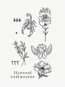 1 Pieza Adhesivos De Tatuajes Temporales Lavables, Material De Pvc, Material De Rosa De Fuego, Escorpión, Ángel Lindo Y Patrón De Frase En Inglés, A Prueba De Agua Y Resistente Al Sudor, Adecuado Para Personas Elegantes Para Uso Diario,tatuajes maquina para tatuar tatuajes falsos - Negro - Ver 4