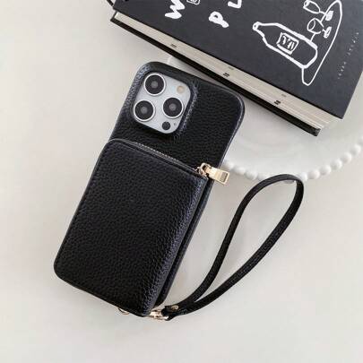 1 pieza Cadena metálica desmontable, Funda de teléfono con estilo de billetera multifuncional con ranuras para tarjetas, Funda de cuero de textura de litchi de unicolor resistente a golpes compatible con Apple, Galaxy, Mate/P/Nova