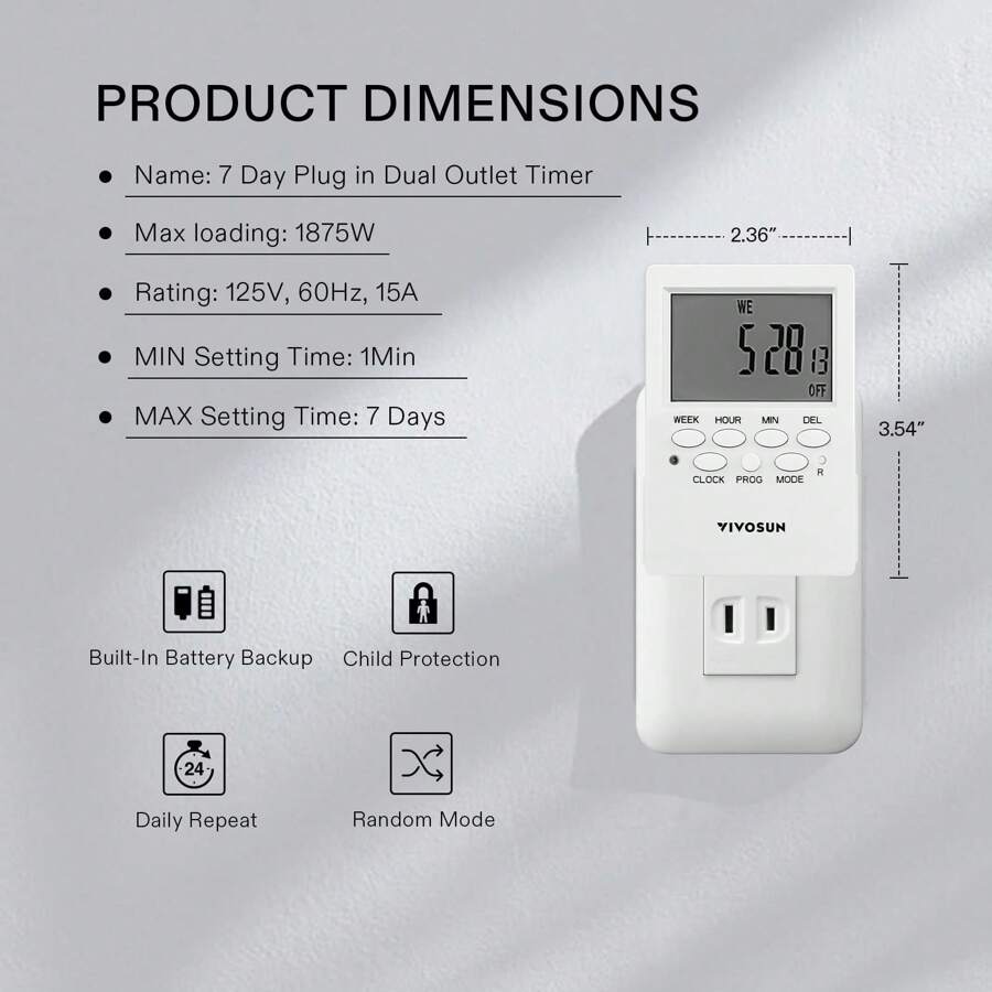 VIVOSUN 7 Day Programmable Digital Timer with Dual Outlet, 20 On/Off UL