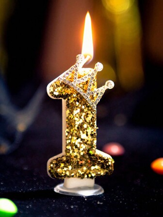 1pc Gold Crown Decorated Candle With Confetti, For Cake Topper/Birthday/Baking/Dessert/Party Decoration Back To School Valentine Day