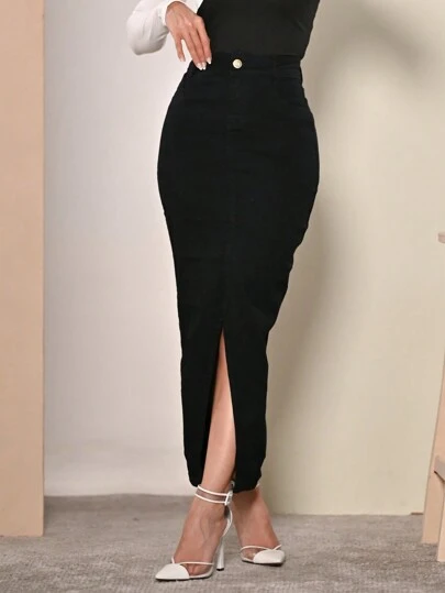 Saia Jeans Feminina Longa Moda Evangélica Abertura na Frente