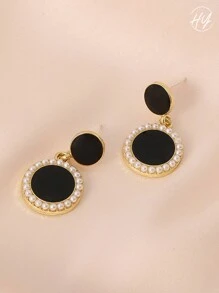 1 對圓形水鑽耳釘 - 黑色 - 查看 1