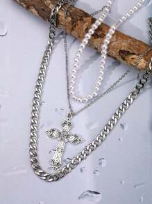 3 件復古哥德珍珠和吊墜粗鏈不銹鋼項鍊,y2k 配件,男士和女士 - 銀色 - 查看 2