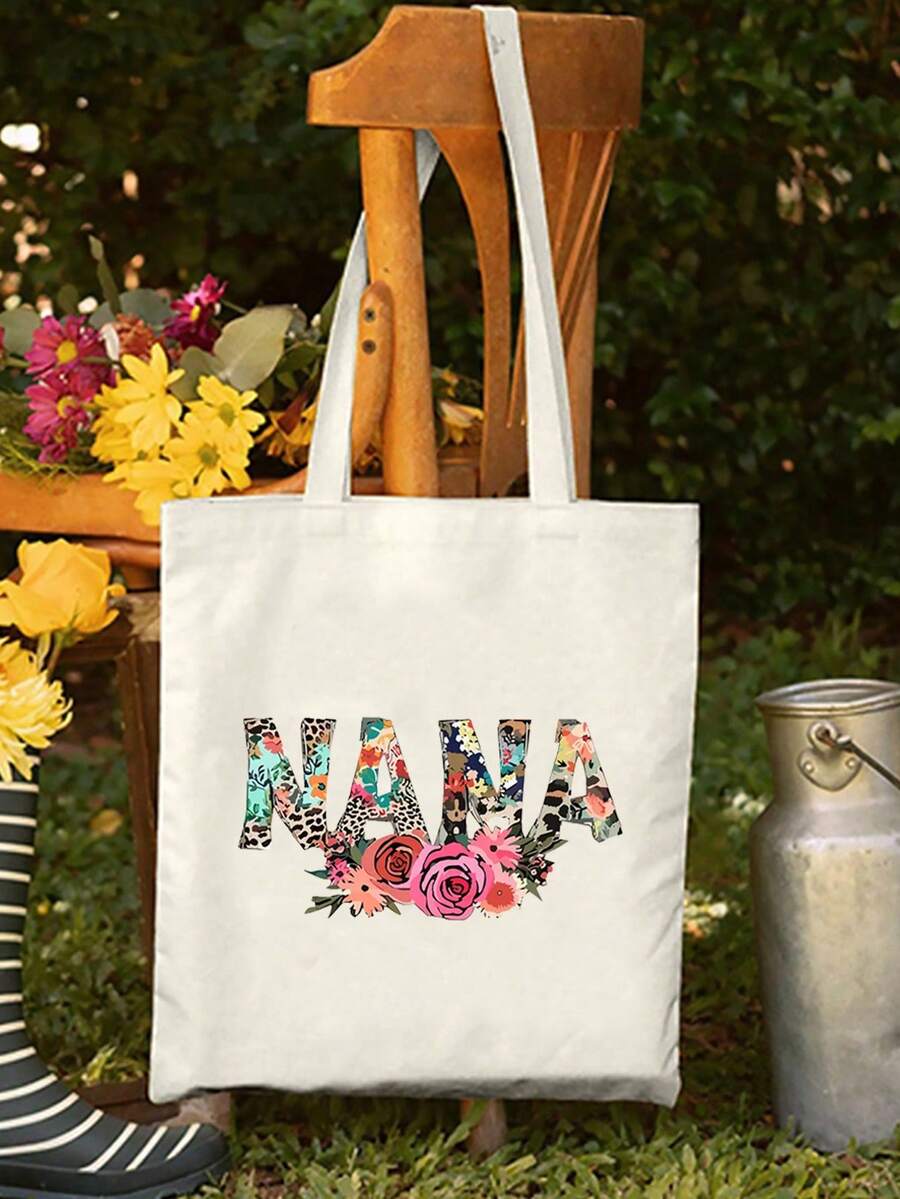 多彩nana花朵印花單肩包y2k風格休閒簡約風格多巴胺風格包手提托特包輕便便攜大容量包男女通用青年職場包春季必備包男女秋季郵遞員禮品包聖誕節情人節節日禮物 - 米色 - 查看 1