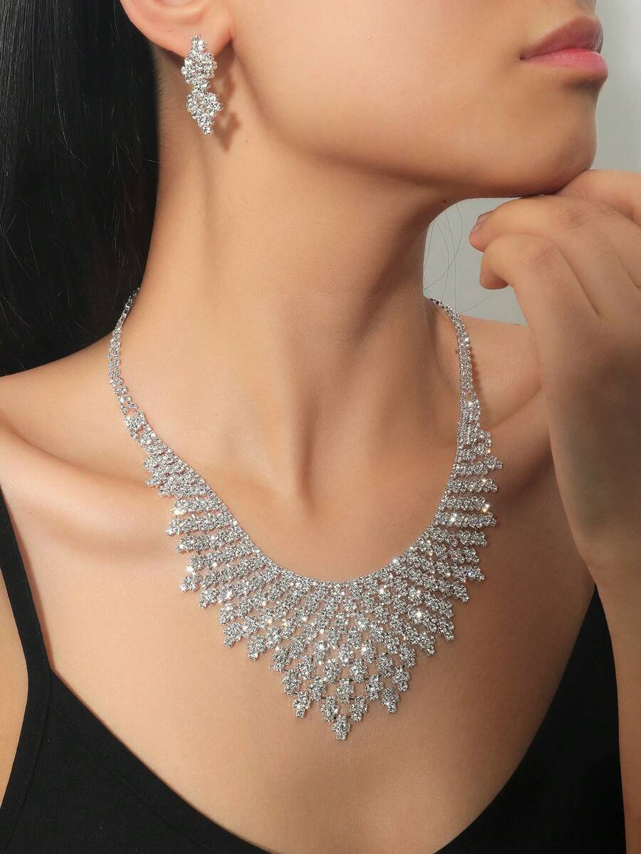 1 đôi Rhinestone đầy đủ Bông tai stud & 1 Miếng Rhinestone đầy đủ Vòng cổ dây  Đối với phụ nữ - Bạc - Xem 1