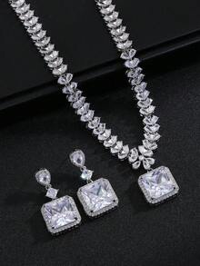 1套/3入歐美風格的方形花卉設計項鍊和耳環套裝,適用於婚禮、宴會、高層建築、女性、節日場合 - 正方 - 查看 8