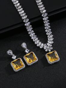 1套/3入歐美風格的方形花卉設計項鍊和耳環套裝,適用於婚禮、宴會、高層建築、女性、節日場合 - 正方 - 查看 10