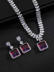 1套/3入歐美風格的方形花卉設計項鍊和耳環套裝,適用於婚禮、宴會、高層建築、女性、節日場合 - 正方 - 查看 9