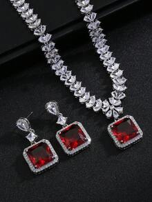 1套/3入歐美風格的方形花卉設計項鍊和耳環套裝,適用於婚禮、宴會、高層建築、女性、節日場合 - 正方 - 查看 6