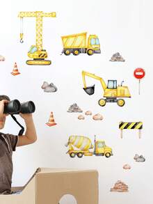 Pegatina De Pared De Fondo Amarillo De Dibujos Animados Con Carro De Construcción, Decoración Adhesiva De Pared Trasera De Habitación De Niños - Multicolor - Ver 4