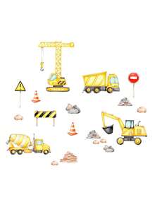 Pegatina De Pared De Fondo Amarillo De Dibujos Animados Con Carro De Construcción, Decoración Adhesiva De Pared Trasera De Habitación De Niños - Multicolor - Ver 7