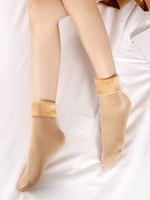 1 双冬季保暖保暖内衬袜子，男女款保暖雪袜，中筒长度，涤纶材质，纯色，适合滑雪 - 卡其色 - 查看 1