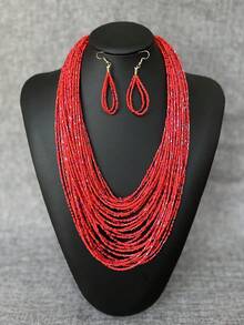 3pcs/Set Bohemian Style Red Beaded Glass Tube Multi-Layer Necklace And Earring Set - Rice Beads + Glass Tube - View 1