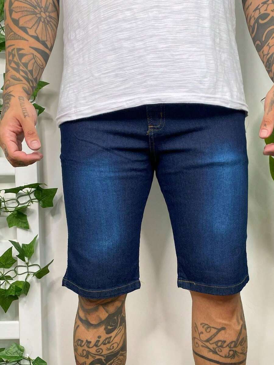 Men Denim Shorts - 深色水洗藍 - 查看 1