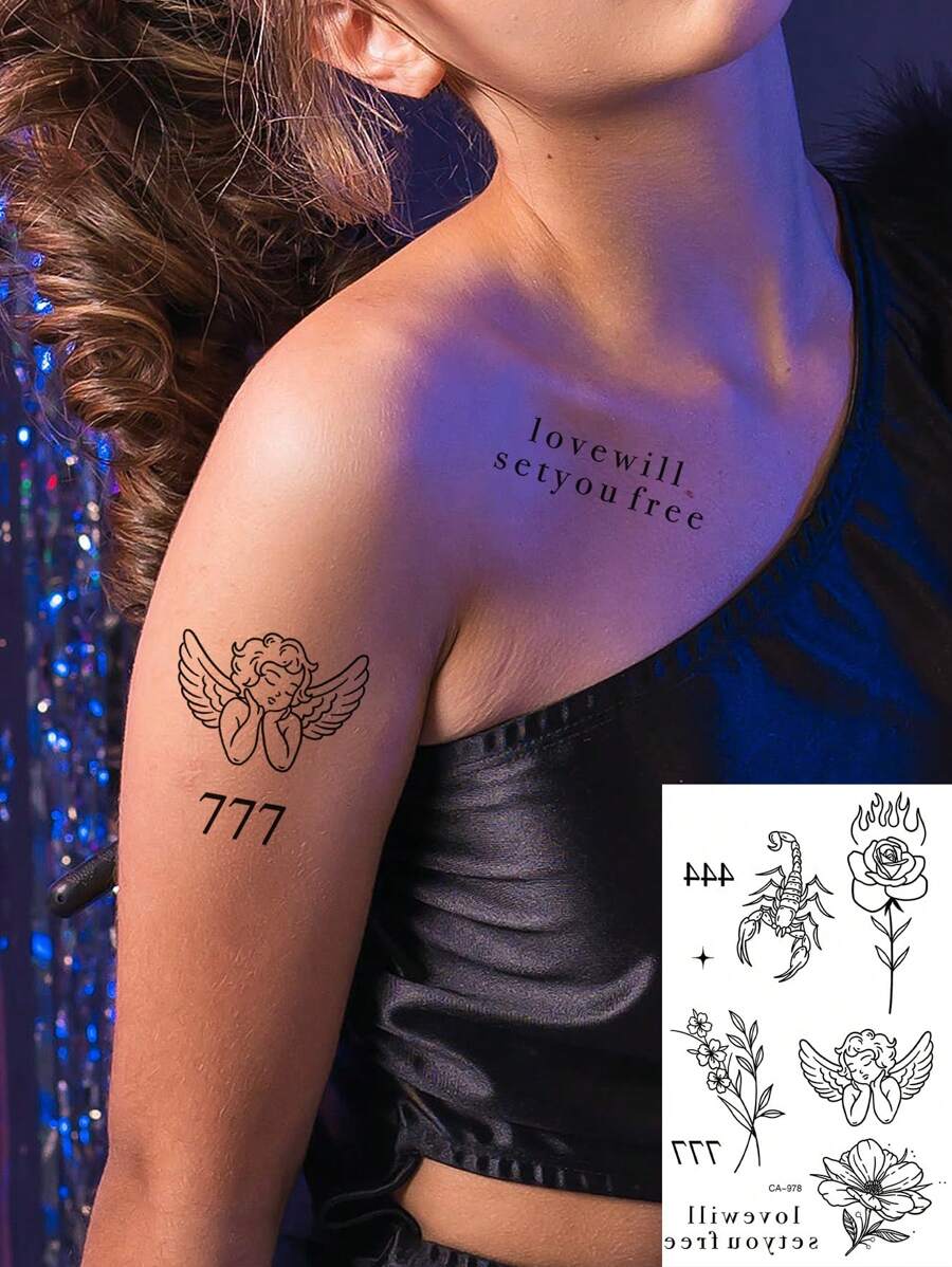 1 Pieza Adhesivos De Tatuajes Temporales Lavables, Material De Pvc, Material De Rosa De Fuego, Escorpión, Ángel Lindo Y Patrón De Frase En Inglés, A Prueba De Agua Y Resistente Al Sudor, Adecuado Para Personas Elegantes Para Uso Diario,tatuajes maquina para tatuar tatuajes falsos - Negro - Ver 1