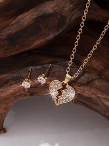3入組復古極簡合金項鍊和耳環套裝,心形和心裂形鑲嵌水晶石,適用於工作和度假,是最好的友誼禮物 - 金黃色 - 查看 1