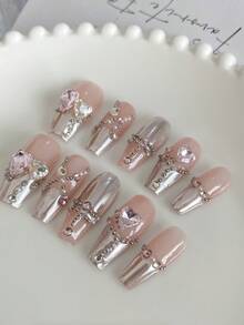 Conjunto de 10 uñas postizas T-shape de longitud media hechas a mano en unicolor para adolescentes, con decoración 3D de plata blanca, rosa francés, corazón y estrás. Adecuado para festivales, fiestas y uso diario, con pegatinas adhesivas para uñas y suministros de uñas encantos de uñas presionadas. - Rosa Pálido - Ver 3