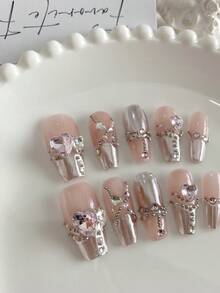 Conjunto de 10 uñas postizas T-shape de longitud media hechas a mano en unicolor para adolescentes, con decoración 3D de plata blanca, rosa francés, corazón y estrás. Adecuado para festivales, fiestas y uso diario, con pegatinas adhesivas para uñas y suministros de uñas encantos de uñas presionadas. - Rosa Pálido - Ver 2