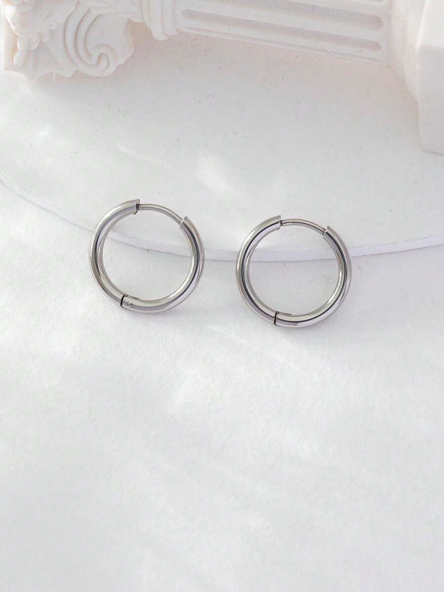 1pair Simple Silver Stainless Steel 15mm Hoop Earrings For Christmas, Birthday, And Party Accessory - Silver - View 1