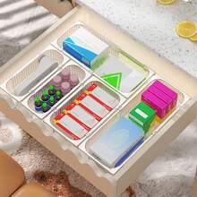 1入可調長度抽屜收納盒,易於分類的透明抽屜收納盤,適用於廚房、浴室、辦公桌、化妝、珠寶等 - 無色 - 查看 5