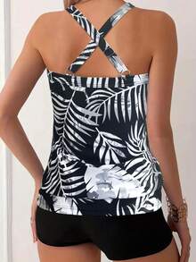 Tropical Plants & Leaves Print Tankini Top And Boyshorts Bottom Athletic Tankini Summer