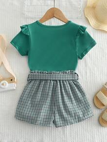 2入組女幼童荷葉邊短袖上衣和格子短褲配花結夏季套裝 - 綠色 - 查看 2