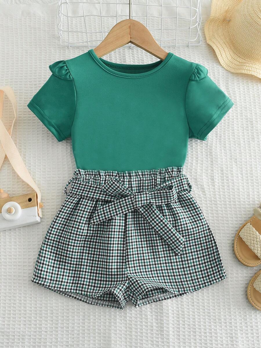 2入組女幼童荷葉邊短袖上衣和格子短褲配花結夏季套裝 - 綠色 - 查看 1