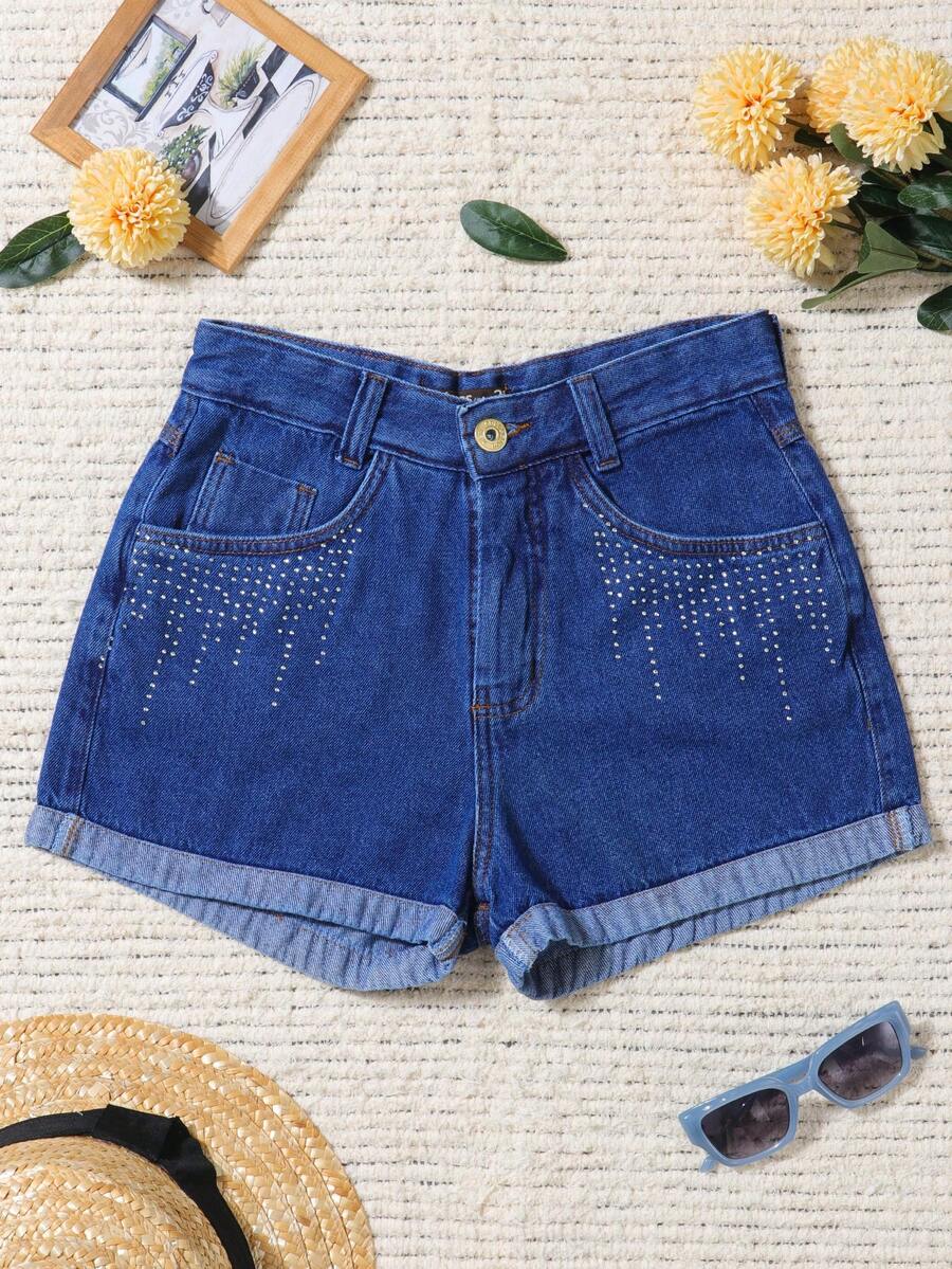 Women Denim Shorts - 深色水洗藍 - 查看 1