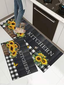 1入組向日葵和字母印花聚酯纖維廚房地墊,適用於鄉村風格家庭廚房 - 黑色 - 查看 3