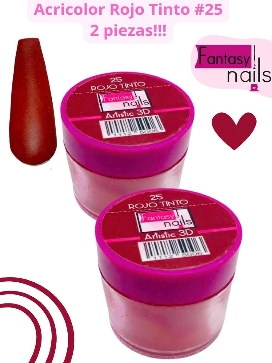 2 Piezas #25 RojoTinto Acrilico Acricolor 3D para uñas Manicura 8 gramos-FANTASY NAILS - Rojo - Ver 1