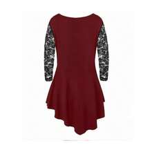 Top con encaje en contraste bajo curvo Blusa mujeres - Burdeos - Ver 4