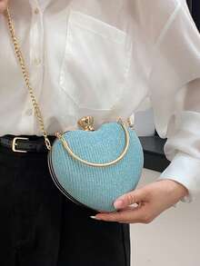 新款经典奢华风格女士晚装包时尚纯色链条心形手提包便携百搭优雅单肩斜挎包可装口红零钱包手机适合派对晚宴舞会婚礼。 - 藍色 - 查看 2