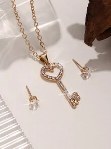 3 件套復古奢華鑰匙形合金項鍊和耳環套裝,帶水鑽鑲嵌 - 非常適合約會或度假。非常適合作為送給朋友的禮物。 - 金黃色 - 查看 1