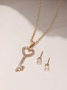 3 件套復古奢華鑰匙形合金項鍊和耳環套裝,帶水鑽鑲嵌 - 非常適合約會或度假。非常適合作為送給朋友的禮物。 - 金黃色 - 查看 3