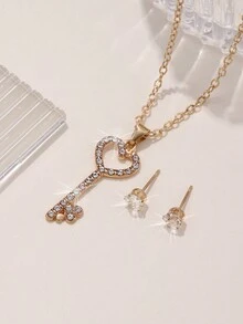 3 件套復古奢華鑰匙形合金項鍊和耳環套裝,帶水鑽鑲嵌 - 非常適合約會或度假。非常適合作為送給朋友的禮物。 - 金黃色 - 查看 2