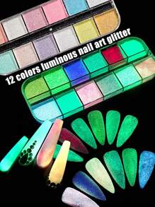 12色霓虹螢光,糖果色發光指甲diy亮麗美甲螢光夜光指甲藝術閃粉螢光色素發光效果夜光指甲彩飾藝術裝飾 - 彩色 - 查看 1