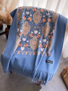 1pc Women's Autumn Winter Thickened Scarf With Embroidery & Tassel, Bohemian Style Travel Shawl Cape - Multicolor - View 3