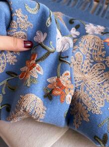 1pc Women's Autumn Winter Thickened Scarf With Embroidery & Tassel, Bohemian Style Travel Shawl Cape - Multicolor - View 4