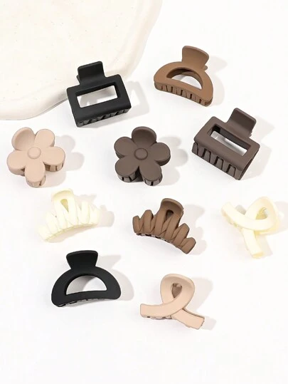 10pcs/Set Coffee Color Matte Finish Simple Flower Wave Bowknot Half Circle Square-Cross Design Cute Small Hair Claw Clip For Bangs And Half Ponytails Casual Hair Clips Hair Jaw Clip Hair Clamps Hair Clutch Hair Catcher Clip, School Stuff, College Fall Winter Hair Accessories For Women For Vacation Outfits Woman