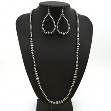 纳瓦霍珍珠大号中心珠泪滴项链和耳环首饰套装女士首饰 - 復古銀色 - 查看 8