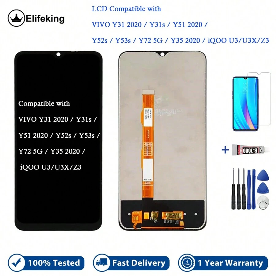 液晶觸控螢幕顯示器更換組件適用於 Vivo Y31 2020/y31s/y51 2020/y52s/y53s/y72 5g/y35 2020/iqoo U3/u3x/z3 - 黑色不含框 - 查看 1