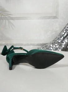 Spring/Autumn Green Satin Stiletto High-Heel Pointed-Toe Slingback Shoes For Women, With Bow Knot, Suitable For Dress To Create A Fairy Style