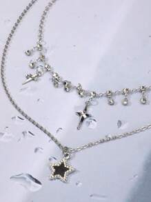 2pcs Dainty Star & Inlaid Layered Necklaces, High-End Feeling, Cool & Chic Style, Cross Pendant, Sweet & Cool Combination