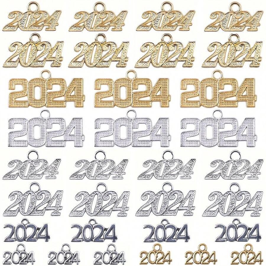 2024新年10/12入組復古紀念合金吊墜,年份魅力吊墜diy手工藝品,適用於製作項鍊手鐲 - 彩色 - 查看 1