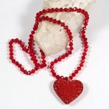 1 件新款时尚波西米亚风格 8 毫米闪亮水晶玻璃项链配聚合物粘土水钻心形吊坠，女士项链毛衣链，情人节礼物，妈妈，母亲，母亲节，礼物 - 紅色 - 查看 6