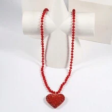 1 件新款时尚波西米亚风格 8 毫米闪亮水晶玻璃项链配聚合物粘土水钻心形吊坠，女士项链毛衣链，情人节礼物，妈妈，母亲，母亲节，礼物 - 紅色 - 查看 4