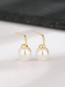 1pair Fashionable S925 Sterling Silver Pearl Stud Earrings, Suitable For Women's Daily Wear, Wedding, Party, Personal Use - Yellow Gold - View 1