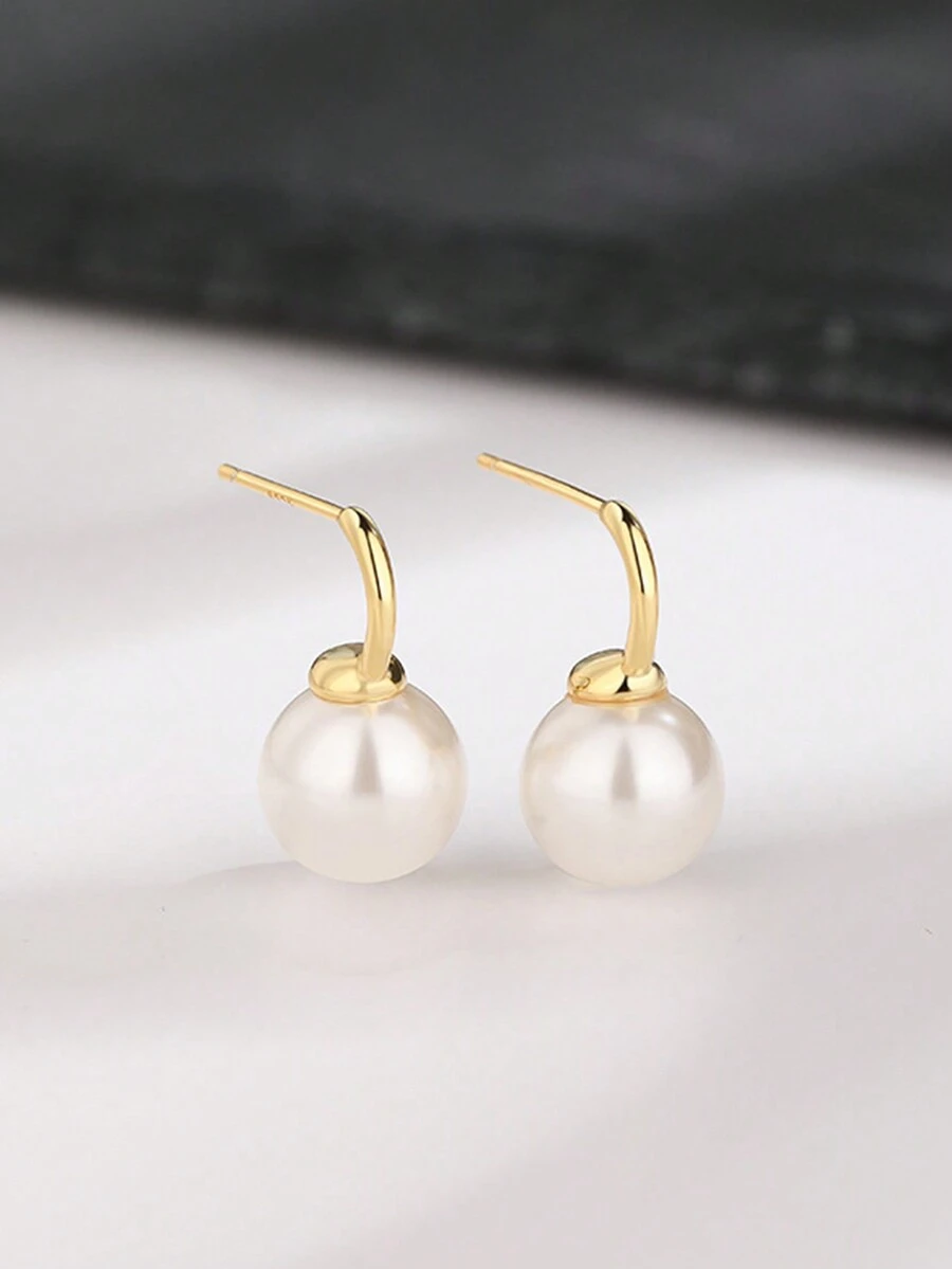 1pair Fashionable S925 Sterling Silver Pearl Stud Earrings, Suitable For Women's Daily Wear, Wedding, Party, Personal Use - Yellow Gold - View 1