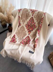 Boho 1pc Women Autumn Winter Embroidered Scarf Faux Cashmere Wrap Thick Warm Tassel Bohemian Style Travel Shawl Cape Accessories Women - Beige - View 3